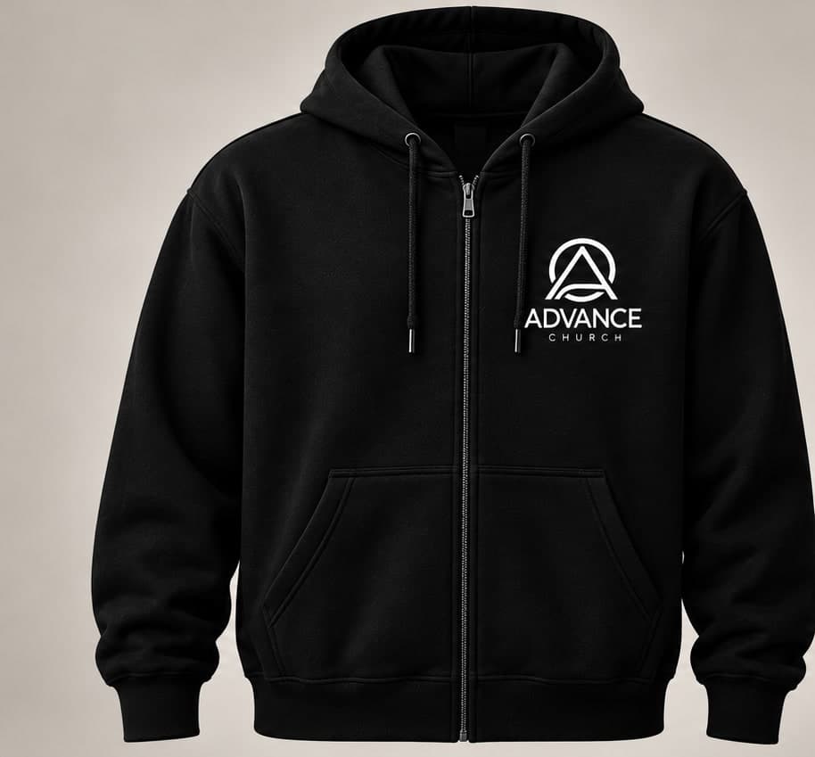 Adult zip-up hoodie, front, with the Advance Church logo on the chest