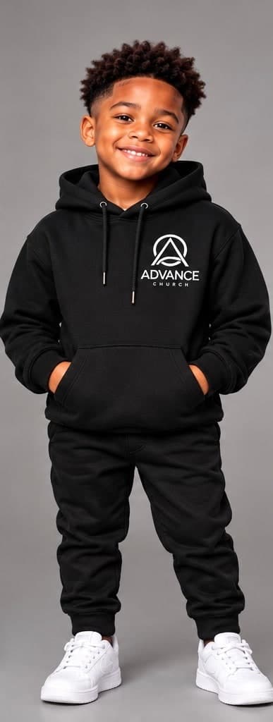 Kid pullover hoodie, front, with the Advance Church logo on the chest
