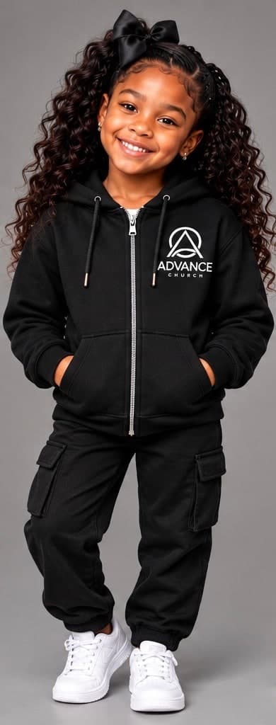 Kid zip-up hoodie, front, with the Advance Church logo on the chest