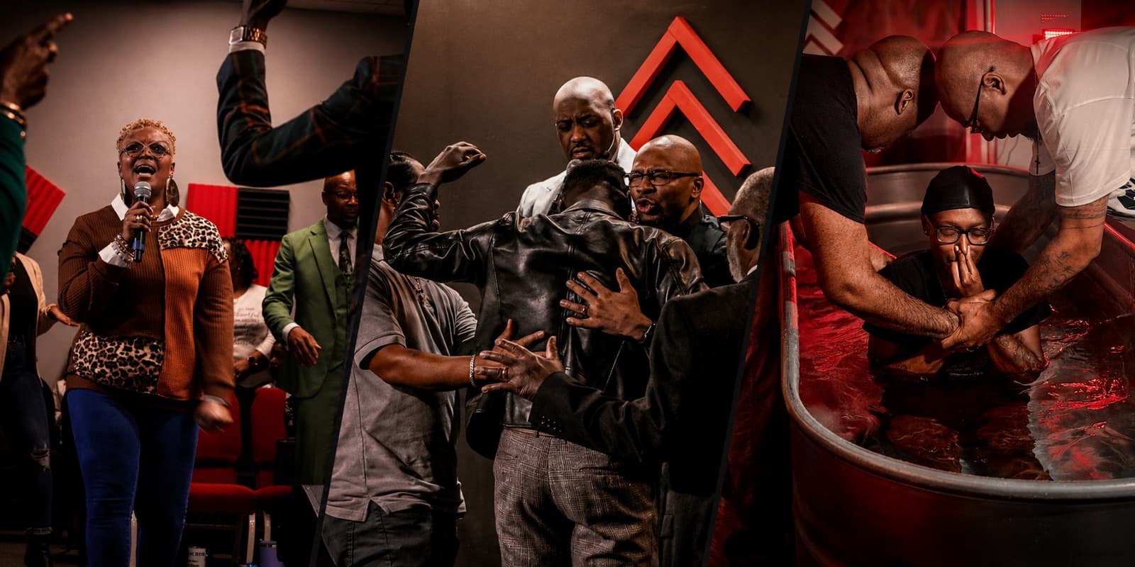 Collage of worship, prayer, and a baptism at Advance Church