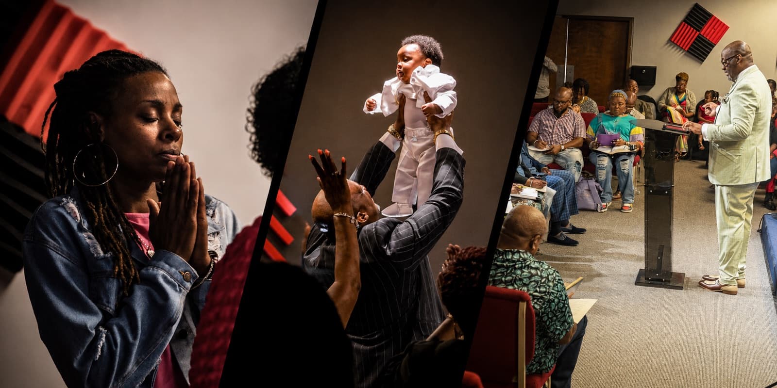 Collage of prayer, a baby dedication, and a class at Advance Church
