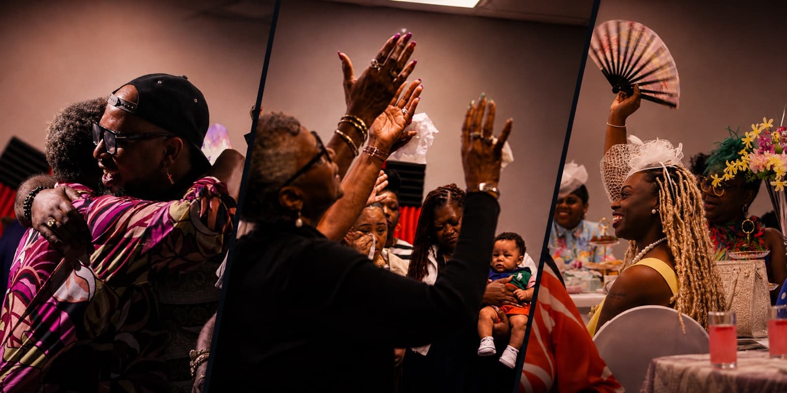 Collage of an embrace, prayer, and a women's gathering at Advance Church