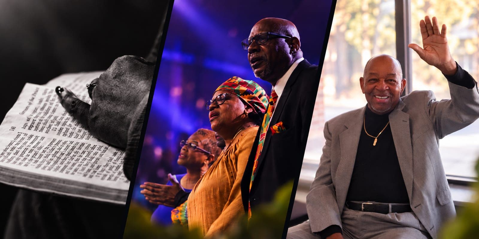 Three-panel collage of a hand resting on an open Bible, members singing in worship, and a smiling man waving a welcome at Advance Church